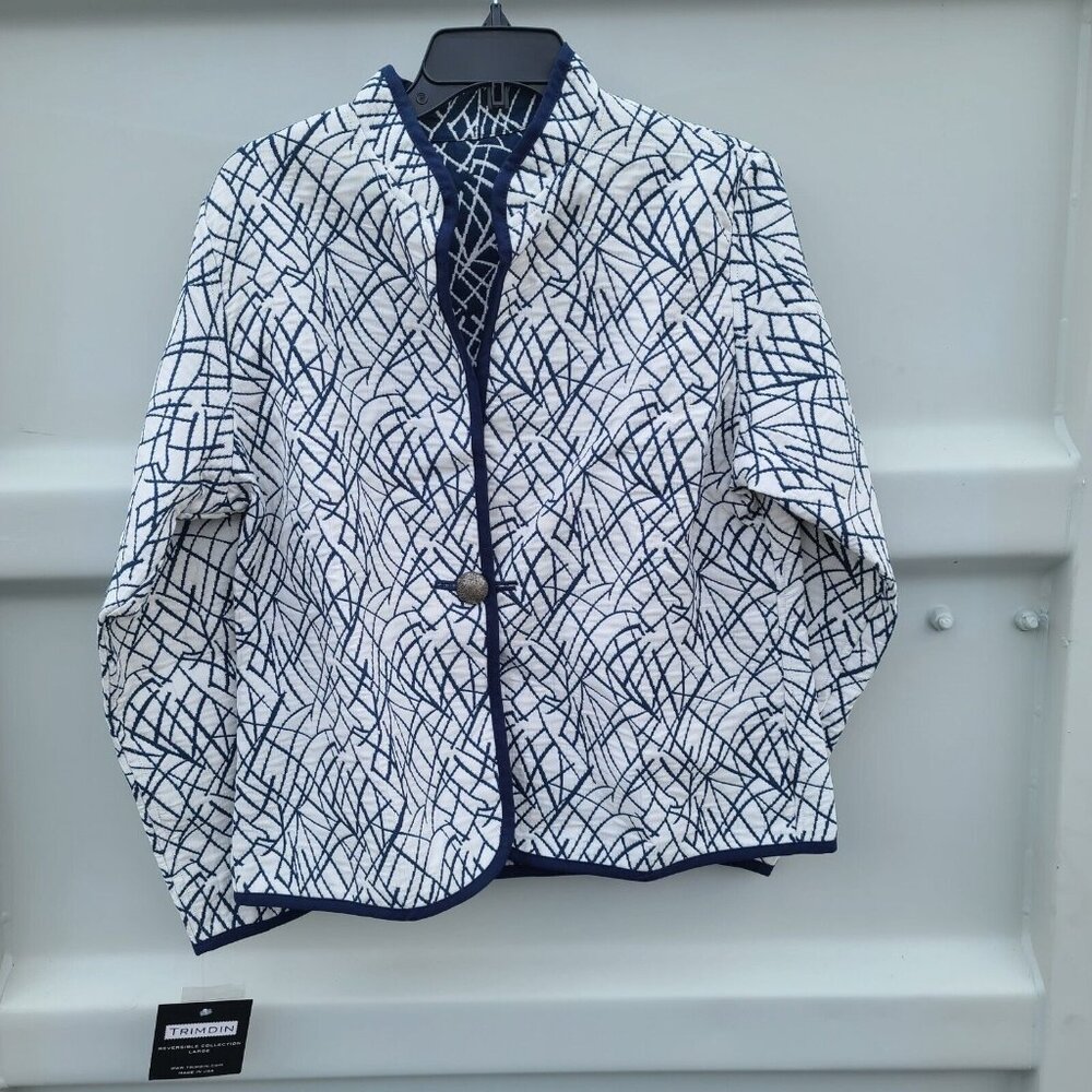 Trimdin Blue White Reversible One Button Coat Women's Size Large NWT MSRP $143